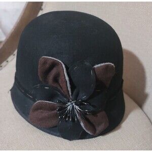 Womens Retro Bucket Black Hat with Flowers Scala Collezione 100% Wool